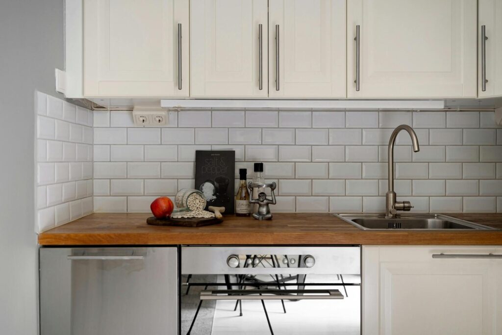 wood countertop with oven below